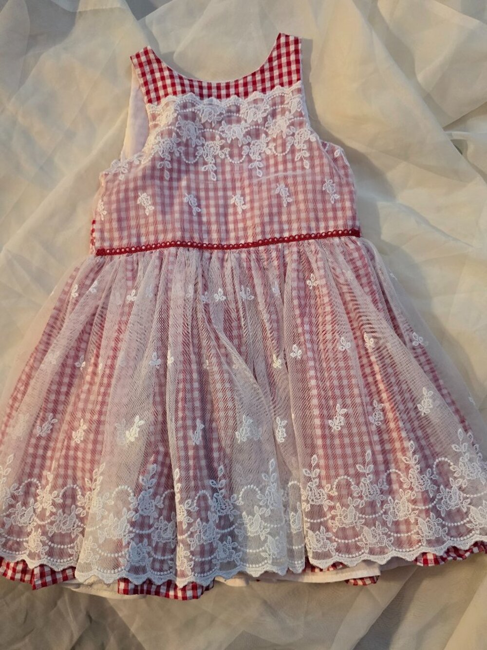 Laura Ashley 4T Girls Red Gingham Lace Overlay Party Dress Back Tie Buttons
